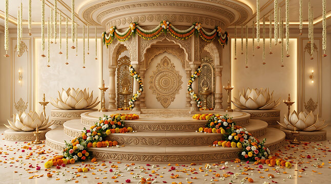 Elegant Indian Wedding Mandap Decor with floral arrangements on intricately carved marble platform showcasing cultural