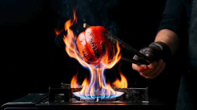 Flamb&eacute; red bell pepper roasting over open gas flame, chef holding tongs with charred vegetable, dramatic fire cooking on black background