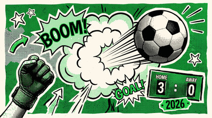 Football halftone art collage set. Soccer world cup power shot stickers with flying ball, punching fist, boom burst, and 3-0 score. Modern retro grunge mixed media doodles. © Pixel_Forge
