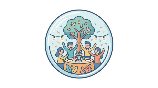 Happy Family Picnic Under Tree with Lights and Confetti