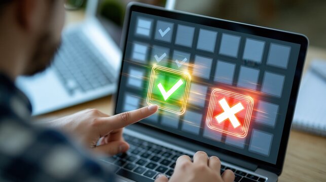 Person making a choice on a laptop screen, highlighting a green checkmark over a red cross, represents decision-making.