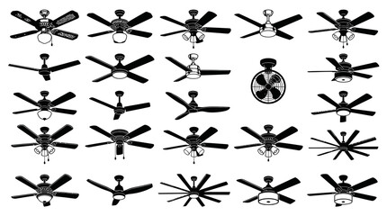 Fototapeta premium Ceiling Fans Vector Silhouette Icons Collection. Home Appliance, Interior Design, and Climate Control Black White Line Art.