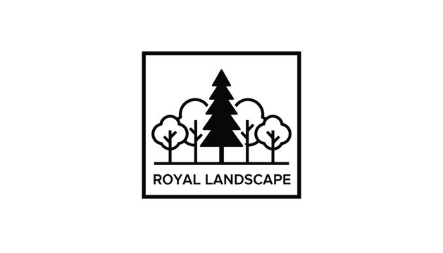 Minimalist landscape logo featuring a row of trees and a tall pine tree enclosed within a simple square black frame.