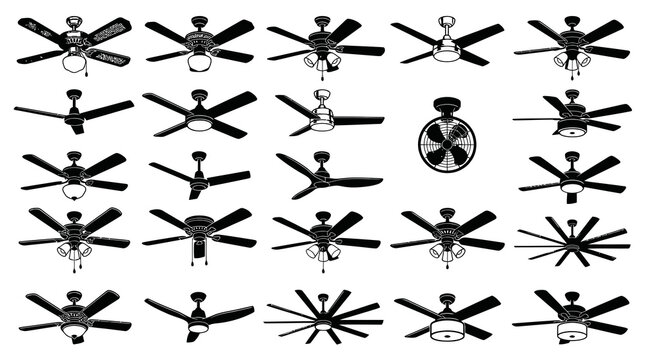 Ceiling Fans Vector Silhouette Icons Collection. Home Appliance, Interior Design, and Climate Control Black  White Line Art.