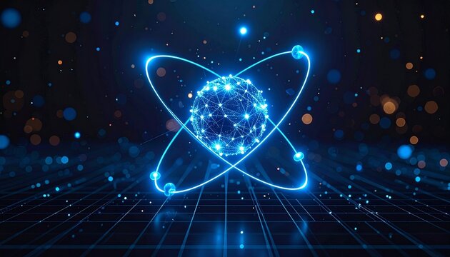 Glowing blue atom core rings futuristic quantum science
