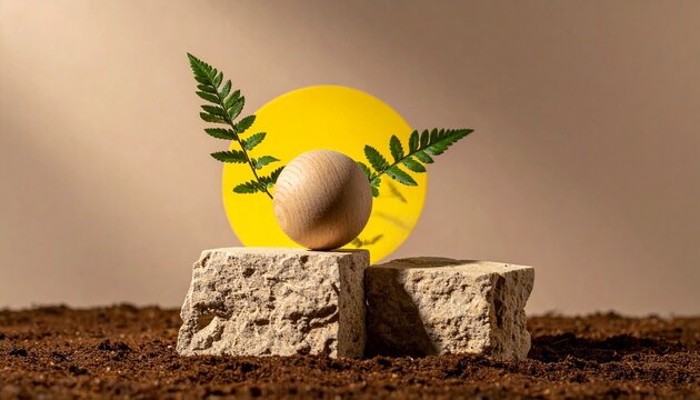 Egg stone blocks fern leaves sun nature balance