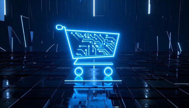 Glowing neon shopping cart symbolizing futuristic digital commerce