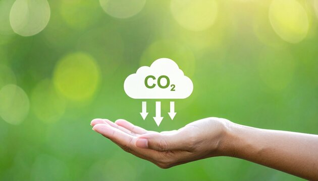 Hand holding CO₂ cloud symbolizing carbon emission reduction sustainability