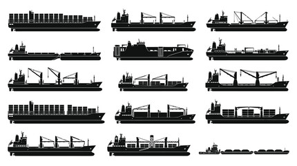 Fototapeta premium Maritime Shipping Cargo Ships Vector Black Silhouette Icon Set for Global Logistics and Freight Transportation