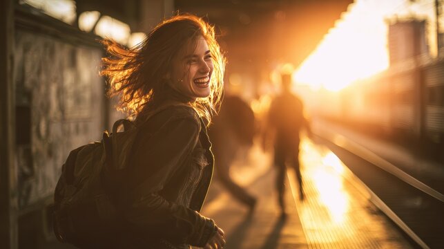a laughing young woman turning her head as she runs along a train platform, her backpack swinging, hair flying across her face, warm sunlight catching in her eyes, blurred friend reaching out behind h