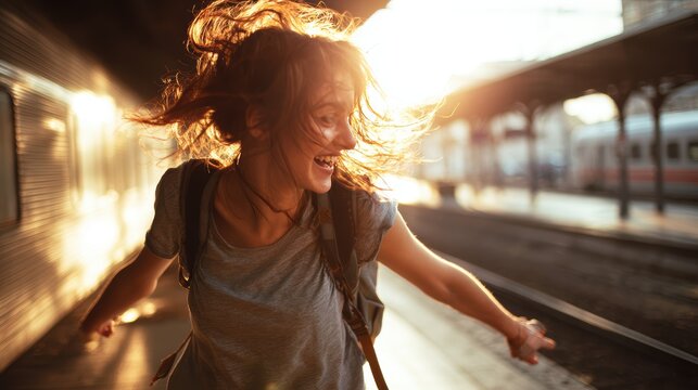 a laughing young woman turning her head as she runs along a train platform, her backpack swinging, hair flying across her face, warm sunlight catching in her eyes, blurred friend reaching out behind h