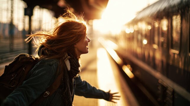 a laughing young woman turning her head as she runs along a train platform, her backpack swinging, hair flying across her face, warm sunlight catching in her eyes, blurred friend reaching out behind h