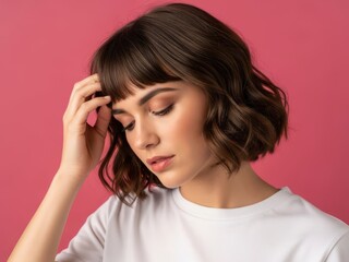 Fototapeta premium Young woman with bangs in thoughtful pose