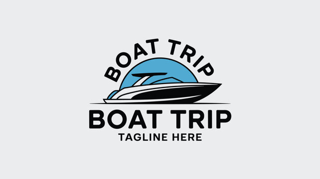 Nautical logo design for a boat trip business featuring a sleek motorboat cruising on a calm blue sea under a clear sky.