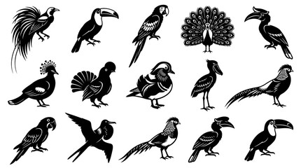 Obraz premium Black and White Bird Silhouettes Collection. Various Avian Species Icons Set for Nature and Wildlife Designs.