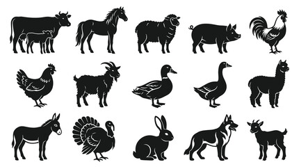 Obraz premium Black and White Farm Animals Silhouettes Icon Set