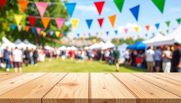 Wooden tabletop with blurred outdoor festival scene background