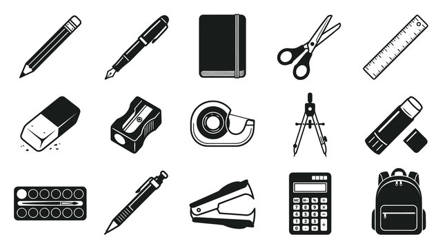 Educational School and Office Stationery Supplies Black and White Glyph Icon Set