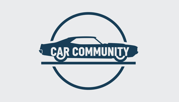 Classic car silhouette inside a circular frame represents a car community or enthusiast club for auto lovers.
