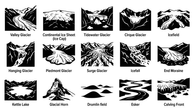 Glacier andglacial Landform Illustrations - Black  White Line Art Icons