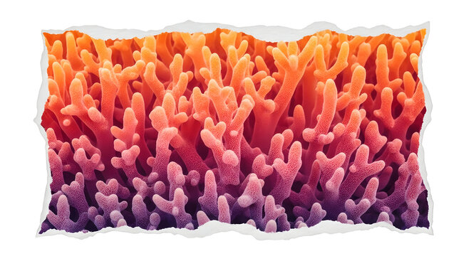 Coral reef formation with gradient coloration presented against a black background with torn paper edges