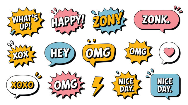 Collection of colorful comic style speech bubbles with various expressions like omg happy hey and nice day on white.