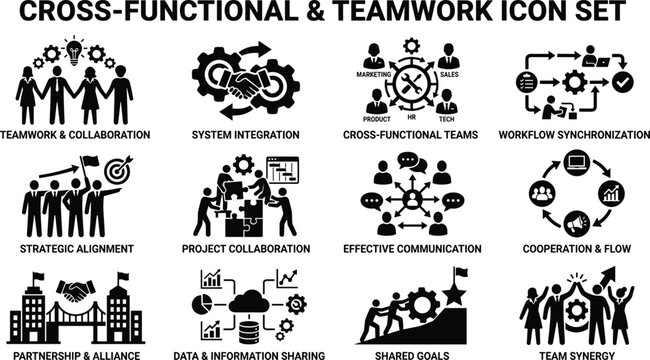 Cross functional and teamwork icon set with collaboration integration workflow strategy partnership alignment communication and synergy symbol collection for business management infographic design
