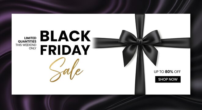 Black friday sale banner with gift box design, elegant black ribbon and bow on white background, limited quantities weekend offer