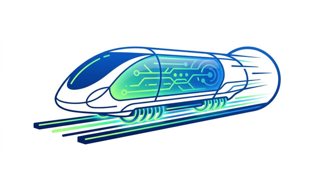 Premium futuristic hyperloop transport capsule icon with glowing magnetic levitation lines in neon blue and green vector