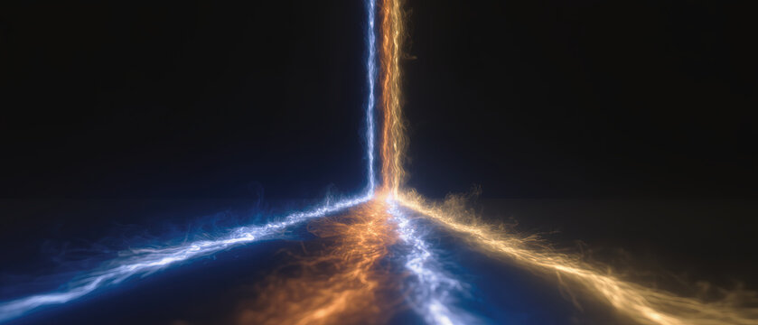 Light stream convergence energy growth team abstract path luminous blue orange beam meet in dark space with dynamic motion