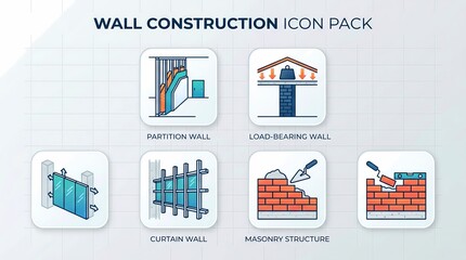 Obraz premium Wall Construction Icon Pack with Partition Walls Load Bearing Walls Curtain Walls and Masonry Structure Icons