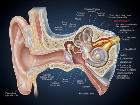 Anatomy of the human ear and hearing structures with auditory ossicles scientific