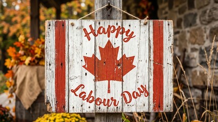Happy Labour Day message painted on a rustic, weathered wooden sign designed like the Canadian flag, hanging outdoors in autumn.