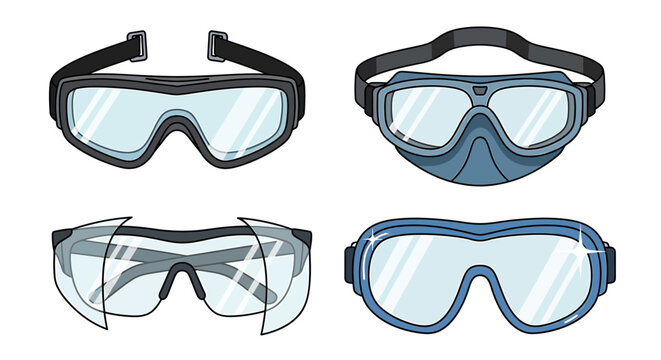 Set of four different types of protective eyewear, including safety goggles and safety glasses for eye protection