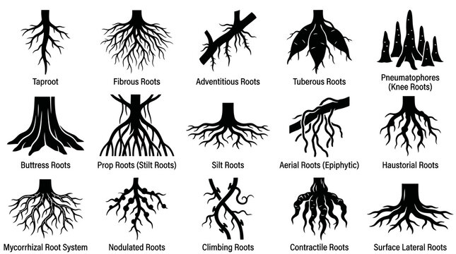 Black and White Line Art Illustrations of Various Plant Root Systems