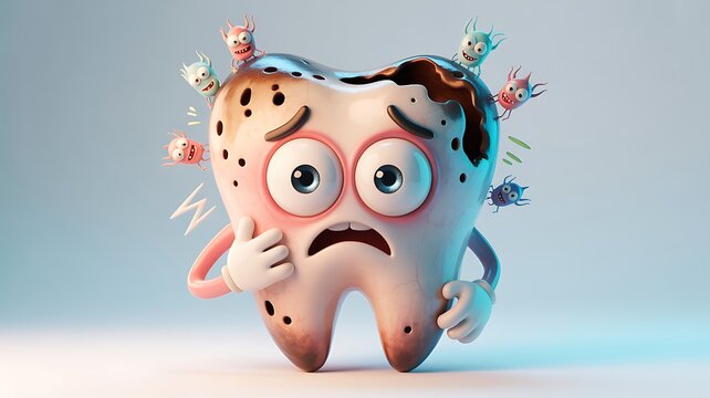 Tooth character sad bad caries decay tooth with bacteria toothache .Health care for children dental care and dentistry concept. 3d rendering.
