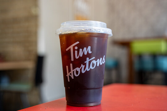 Close up of Tim Hortons iced coffee cup. Toronto, Canada - June 12, 2026.