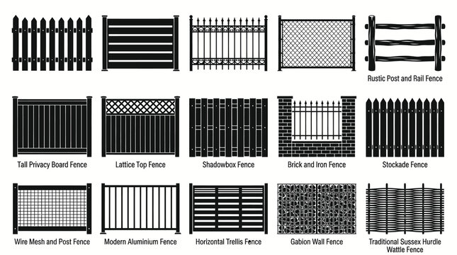 Black and White Vector Icons of Various Fence Designs for Garden and Security