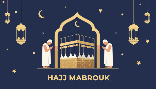 Spiritual illustration of pilgrims praying in front of the kaaba in mecca for hajj mabrouk celebration event.