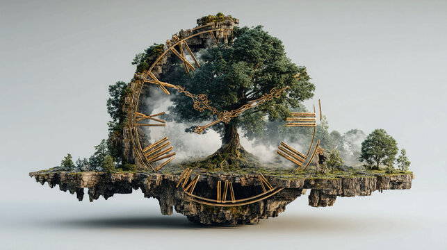 Tree growing through clock, surreal imagery of nature and time, organic growth emerging from rigid structure, symbolizing life, resilience, and unstoppable passage of time.