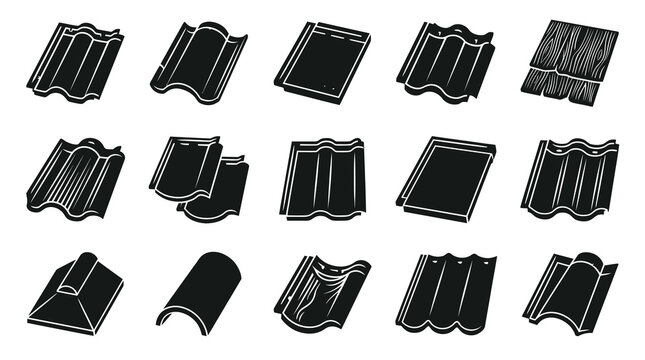 Construction and Architecture Roof Tiles Glyph Icons Set - Black and White Roofing Material Collection