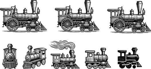 Vintage Steam Locomotive Collection Featuring Antique Railway Engines and Historic Train Transportation Illustrations © Moslema