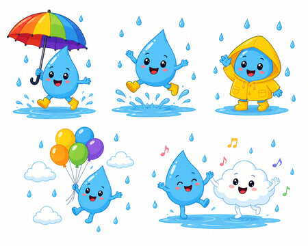 Rain playing with colorful umbrellas. Rain jumping in puddles. Rain wearing a yellow raincoat. Rain holding a balloon while falling. Rain dancing with the clouds.
