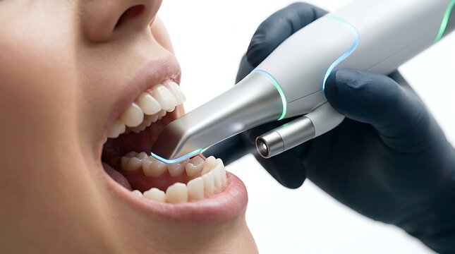 Dentist using high-tech intraoral scanner to create a 3D digital model of a patient's teeth