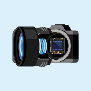 Cross section illustration of a modern digital camera and lens