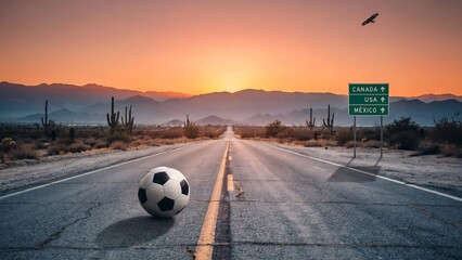 Fototapeta premium Soccer ball on a desert highway road with a road sign pointing to Canada USA and Mexico at sunset time