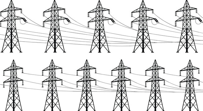 High Voltage Power Transmission Tower Set with Electrical Lines Vector Collection for Energy Infrastructure Design
