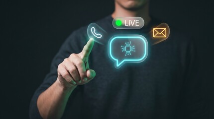 Obraz premium Smart Live Chat Bubble Glows at Fingertip to Display Microchip Processing, Connect Phone Call, Alert Email Message, and Automate Digital Customer Support