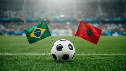 Fototapeta premium Soccer ball on a green grass pitch with Brazil and Morocco national flags for an international match