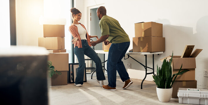 Dancing, couple and happy in new house, relocation and bonding for property investment with partner. African people, rhythm and celebration for first home, love or excited for real estate opportunity
